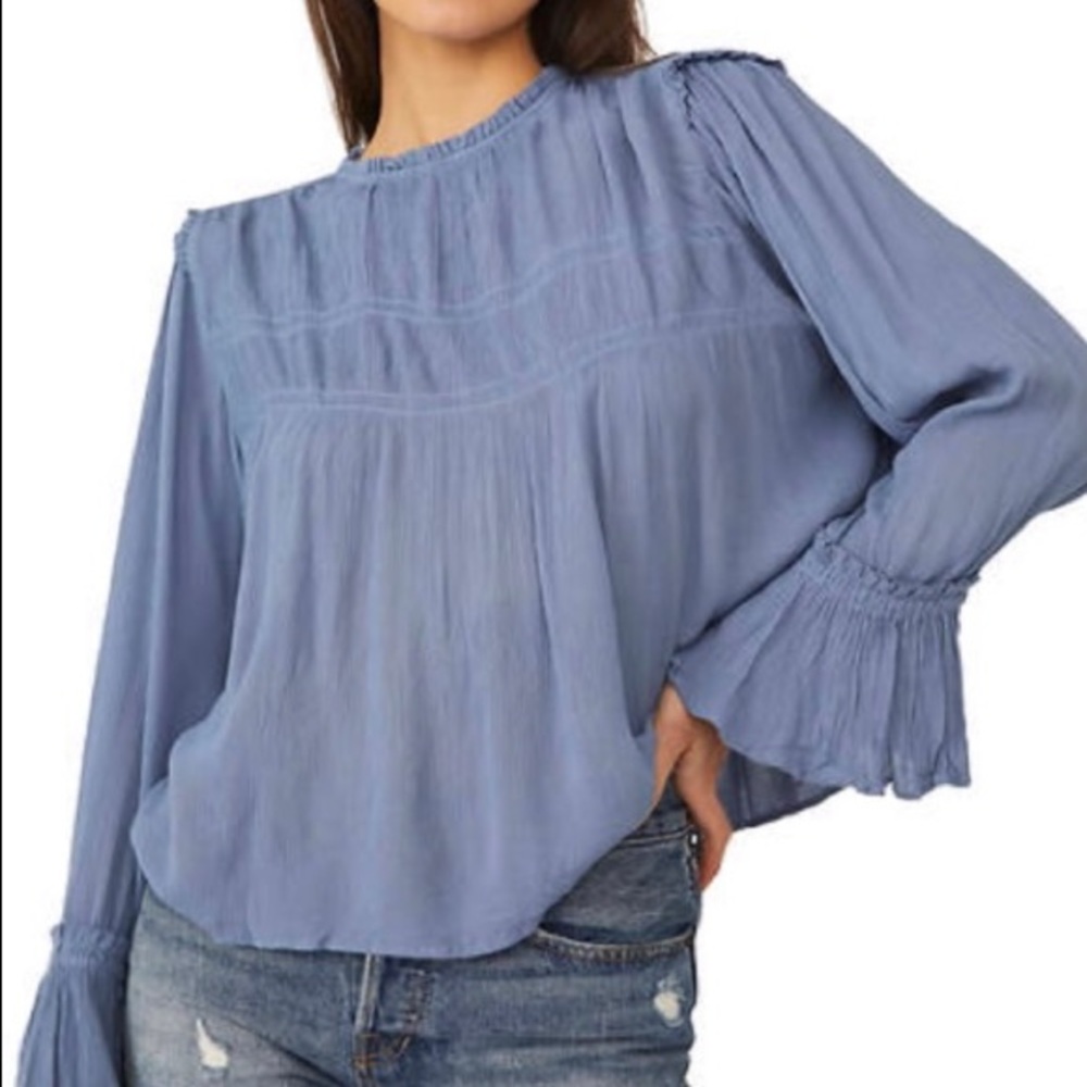Free People Kelsey Crinkle Top Boho Mermaid Bell Sleeves S Blue Metal
